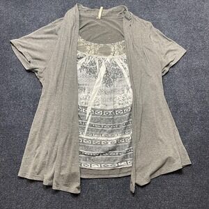Espresso Blouse Womens 2X Gray Open Front Layered Geometric Lace Tunic Y2K Style